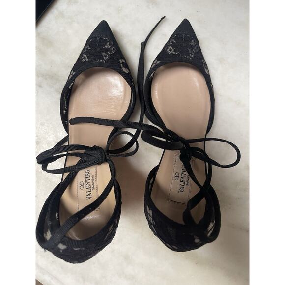 VALENTINO GARAVANI Black Lace Ankle Bow Straps Pointy Toe Espadrilles 38 unique - Picture 6 of 13